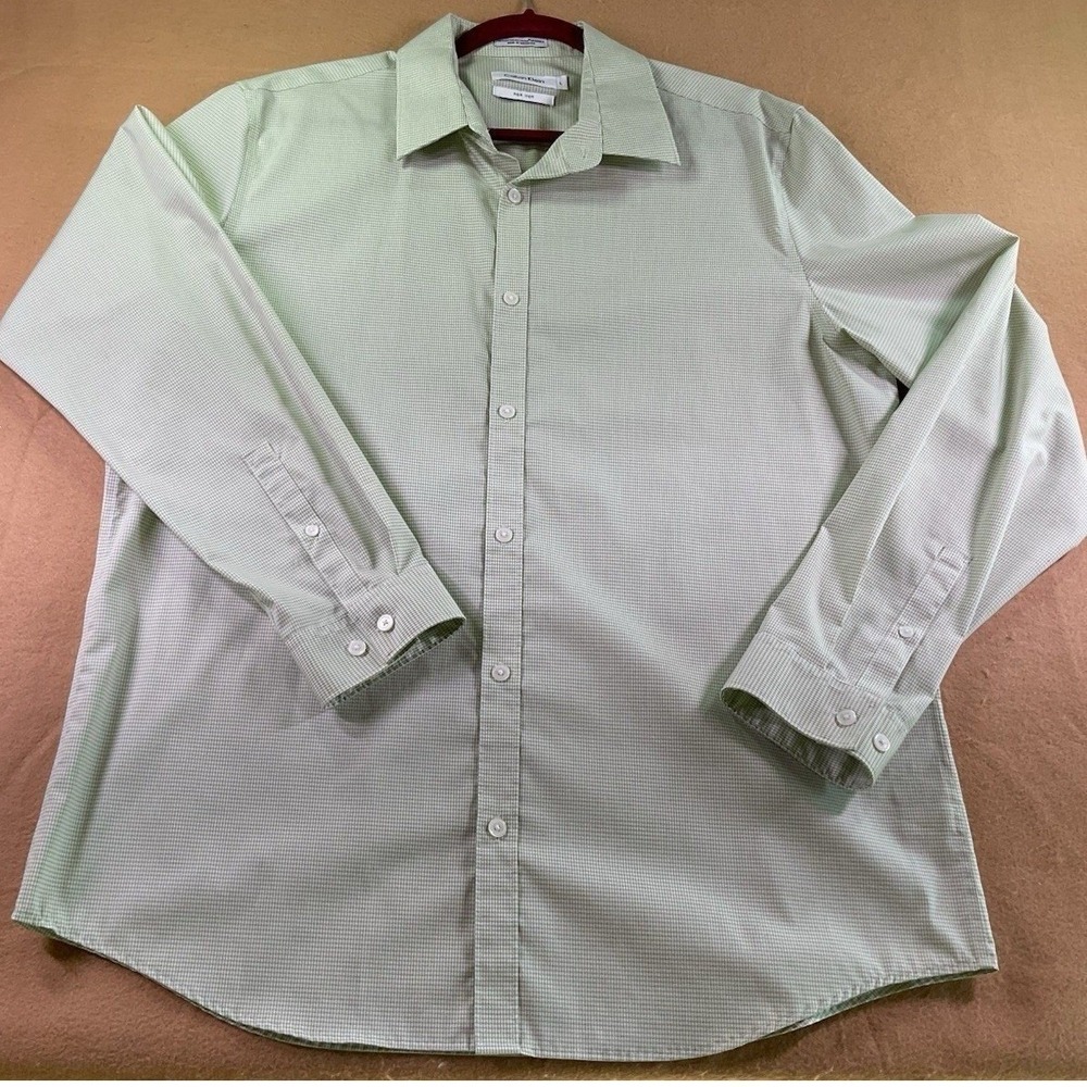 Calvin Klein Mens Green White Micro Check Non Iron Button Down Shirt Large L